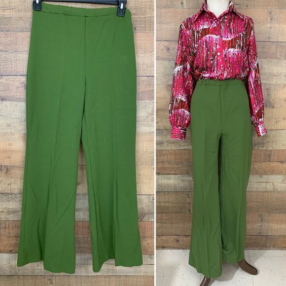 Vintage 1970s MOD Green Pull On Wide Leg Bell Trouser Polyester Pants Sz M - Picture 1 of 6